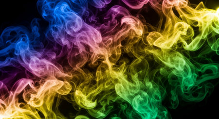 Abstract multicolored smoke from the incense sticks on a black isolated background. Background from the smoke of vapeの素材