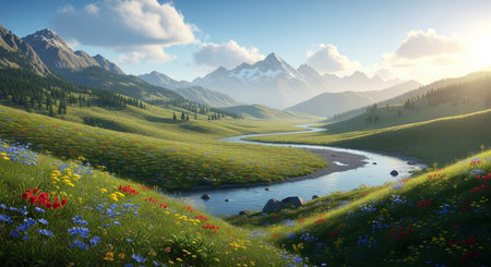 Mountain landscape with meadow and river at sunset. 3d renderの素材