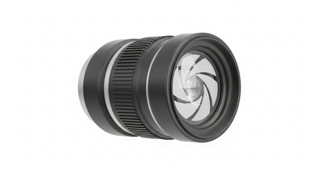 Camera Lens isolated on white background. 3D rendering. Computer digital drawing.の素材