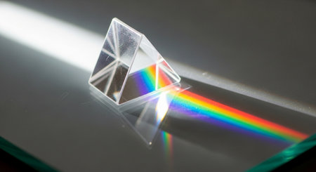 Close-up of a crystal prism with a rainbow in the backgroundの素材
