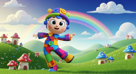 clown on the meadow with castle and rainbow - 3d illustrationの素材