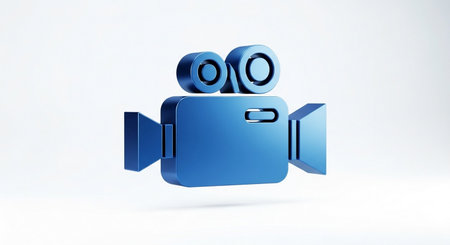 Blue Video Camera icon isolated on white background. 3D rendered digital symbol.の素材