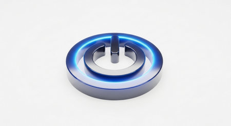 3d rendering of a power button in white background with blue glowの素材