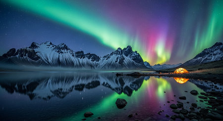 Aurora borealis over a lake with mountains in the backgroundの素材