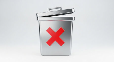 Metal trash can with red delete sign on white background. 3D renderingの素材