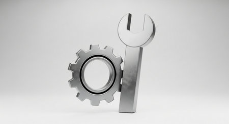 3D rendering of gear wheel with wrench in white background, computer generated imagesの素材
