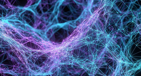 Abstract 3d rendering of chaotic polygonal space low poly dark background with connecting dots and lines. Connection structure.の素材