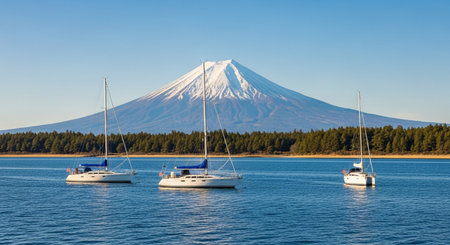 Mt Fuji and yachts in Kawaguchiko lake, Japanの素材