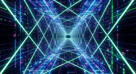 3D abstract background with neon lights. neon tunnel.space construction..3d illustrationの素材