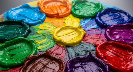 Colorful paint splashes on a white background close-up.の素材