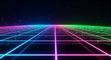 3d render of abstract background with neon lights. Glowing grid.の素材