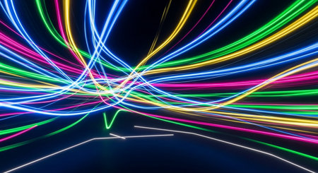 3d illustration of abstract background with neon light lines and curved roadの素材