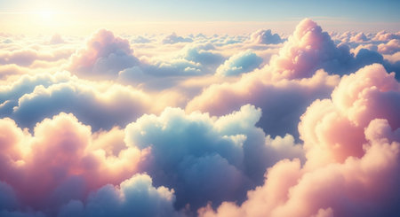 Beautiful aerial view above clouds at sunset. Colorful cloudscape.の素材