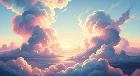 3D illustration of a beautiful sunset background with clouds and sun.の素材