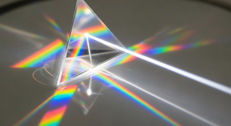 abstract scene of a crystal prism with a rainbow on a white backgroundの素材