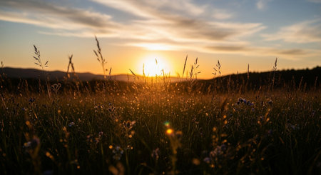 Sunset over the meadow with wildflowers and grass.の素材