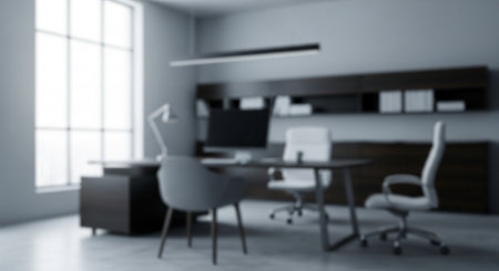 Interior of modern office with white walls, concrete floor, gray computer tables with chairs and bookcases. 3d renderingの素材