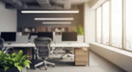 Blurred office interior with furniture and daylight. 3D Renderingの素材