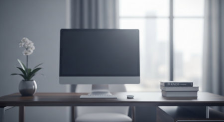 Close up of modern office desktop with blank computer screen and other items. Mock up, 3D Renderingの素材