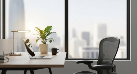 Office interior with panoramic window and city view. 3D Renderingの素材