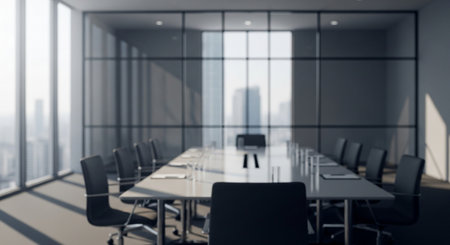 Modern conference room interior with panoramic city view. 3D Renderingの素材