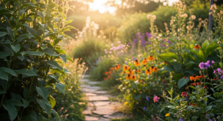 Sunset in the summer garden. The path to the flowers.の素材