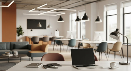 Laptop with blank screen on table in cafe. Mock up, 3D Renderingの素材