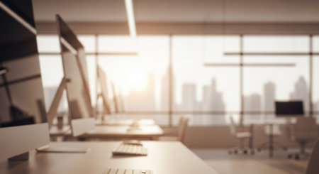 Close up of modern coworking office interior with city view and daylight. Mock up, 3D Renderingの素材