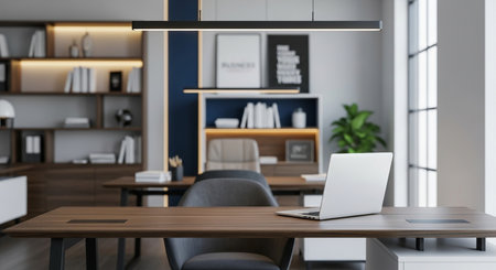 Modern office interior with laptop on wooden desk. 3D Renderingの素材
