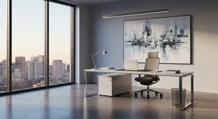Modern office interior with panoramic window and city view. 3D Renderingの素材