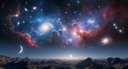 Fantasy landscape with planets, stars and nebula. 3D renderingの素材
