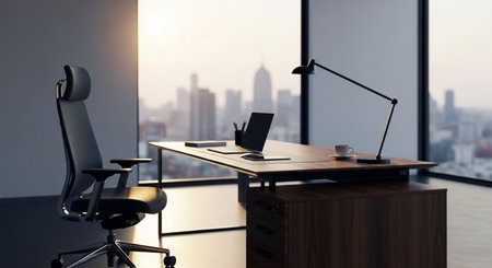 Office interior with city view. Workplace concept. 3D Renderingの素材