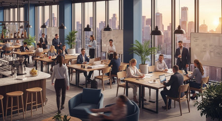 Group of business people having a meeting in a modern office with panoramic windowsの素材