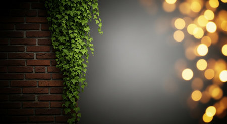 Brick wall with green leaves and bokeh lights, 3d renderの素材