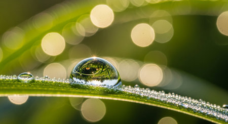 water drop on green grass blade with bokeh nature background.の素材