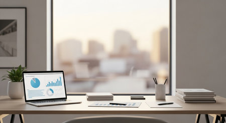 workplace with laptop on table and city view in background, 3d renderの素材