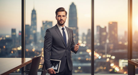 business, people and office concept - serious businessman with laptop computer in officeの素材