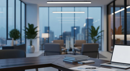 Modern office interior with panoramic windows and city view. 3D Renderingの素材