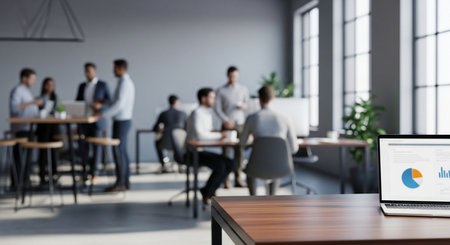 Laptop on wooden table in modern office with business people in the backgroundの素材