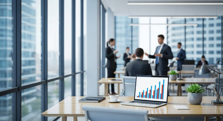 Laptop with business chart on the screen. Business people in the backgroundの素材