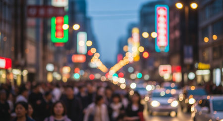 Blurred background of people walking at street in Tokyo, Japan.の素材