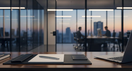Wooden desk with laptop and documents in modern office with city view, 3D Renderingの素材