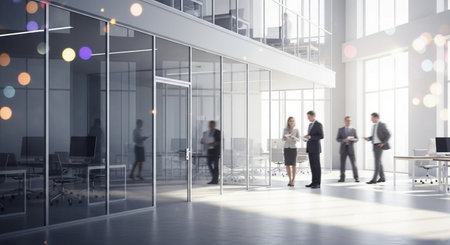 Business people in modern office interior with glass doors and daylight. 3D Renderingの素材