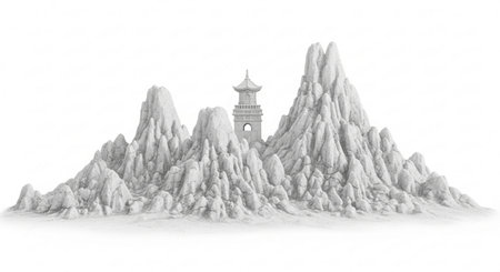 Landscape with mountains and pagoda on white background, 3d illustrationの素材