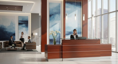 Business people at reception desk in hotel lobby. 3D Renderingの素材