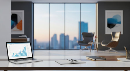 Laptop on white office desk with city view. 3D Renderingの素材