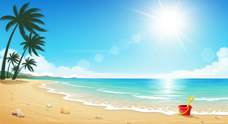 Beach background with sand, sun and palm trees. Vector illustration.の素材