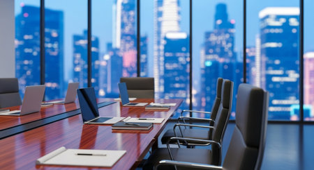 Interior of modern meeting room with city view. 3D Renderingの素材