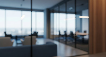 Blurred background of modern office meeting room with glass wall, panoramic window.の素材
