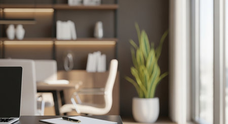 Close up of modern office workplace with laptop, supplies and coffee cup. Mock up, 3D Renderingの素材